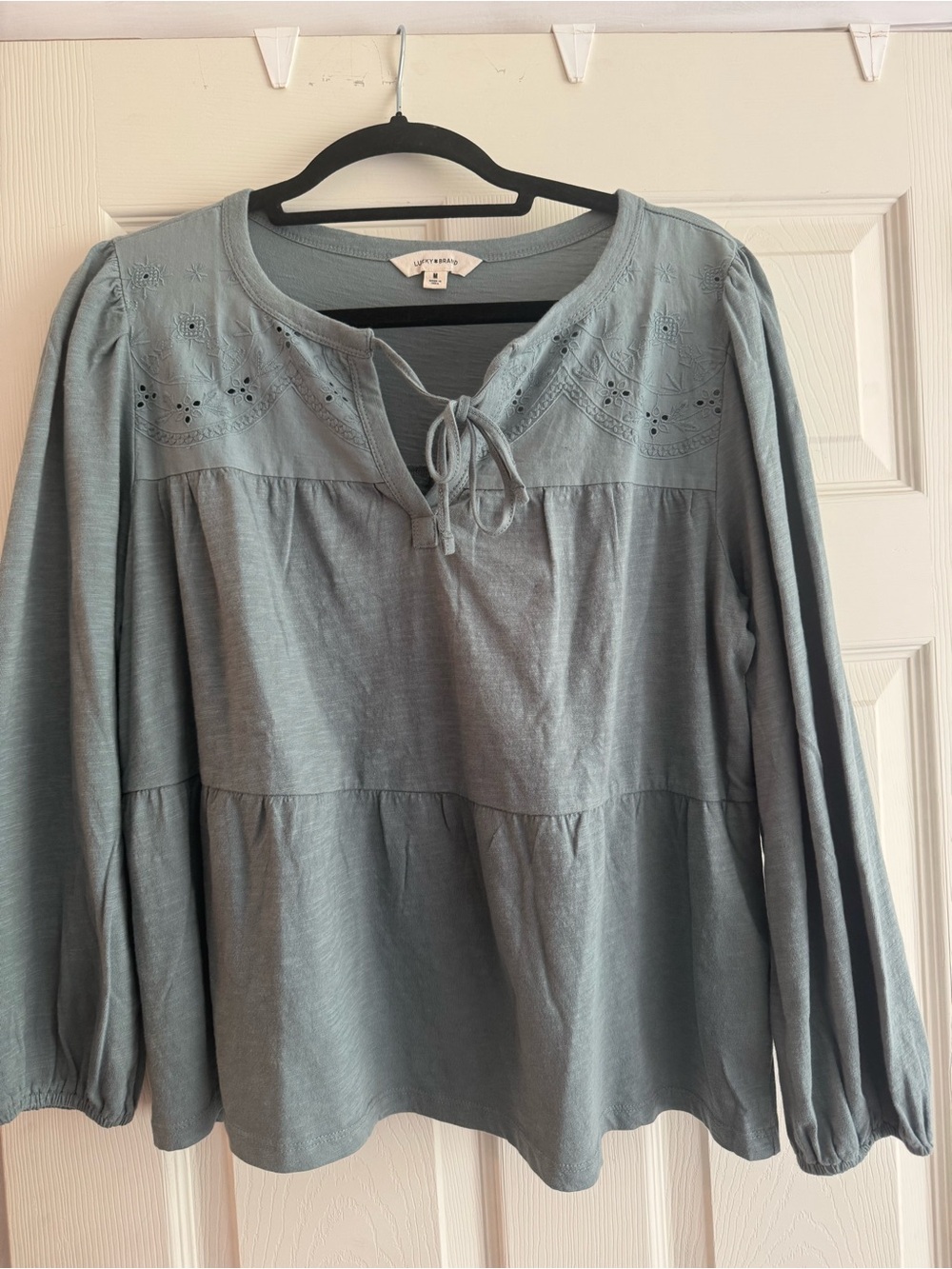 Lucky Brand Dusty Blue Lace-Yoke Tie-Neck Peasant Tunic